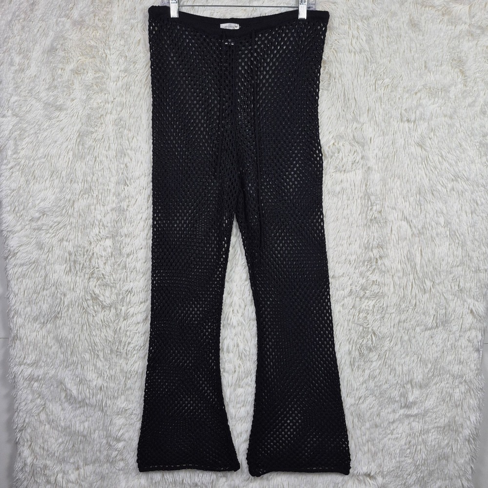 Orange Kiss Black Crochet Knit Mesh Flare Leg Drawstring Pants Large
